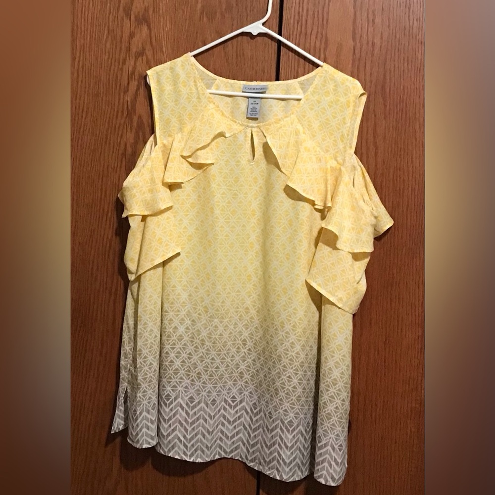 Catherines Size 2X 22/24W Cold-Shoulder Ruffle Blouse - Yellow Ombré Top